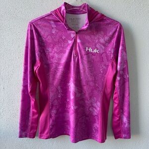 HUK Performance Fishing Women Hot Pink Camo Hooded Quarter Zip Long Sleeve Large
